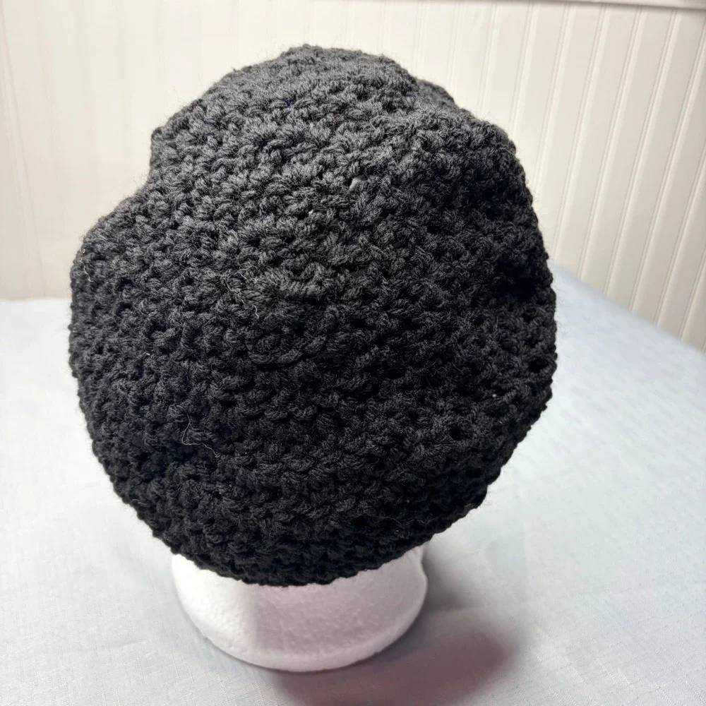 Handmade Beret Hat One Size Black Crochet Knit Slouchy French Artist Tam